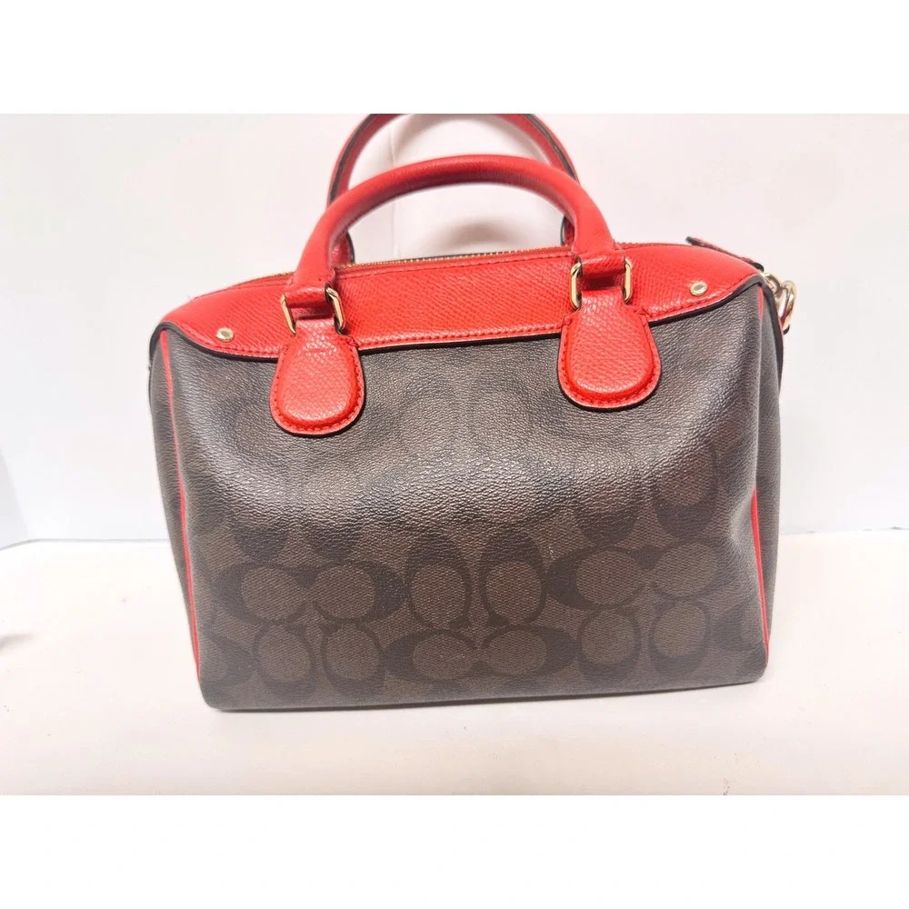 Coach Mini Bennett Brown Signature Canvas Red Leather Trim F83607 Crossbody NWOT